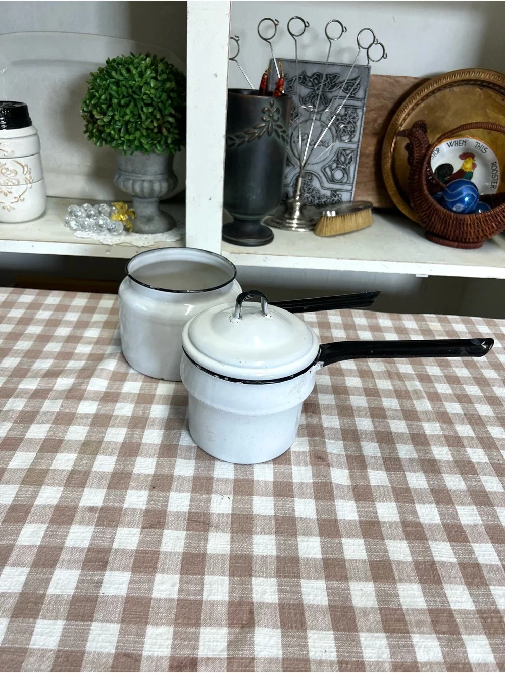 Vintage black white enamel double boiler pan decor cookware grandma core
